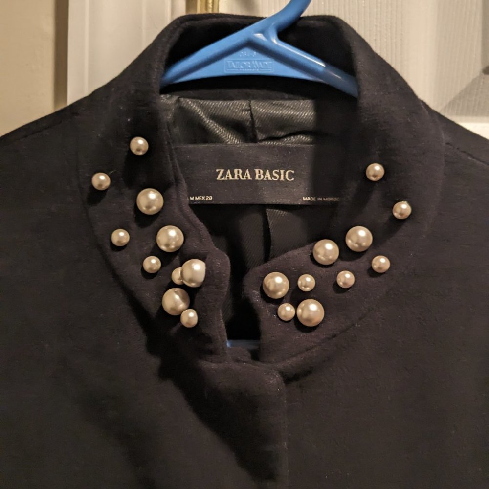 Zara Pearl Black Velvet Pea Coat Blazer Fitted Long Jacket Size M - Picture 5 of 5